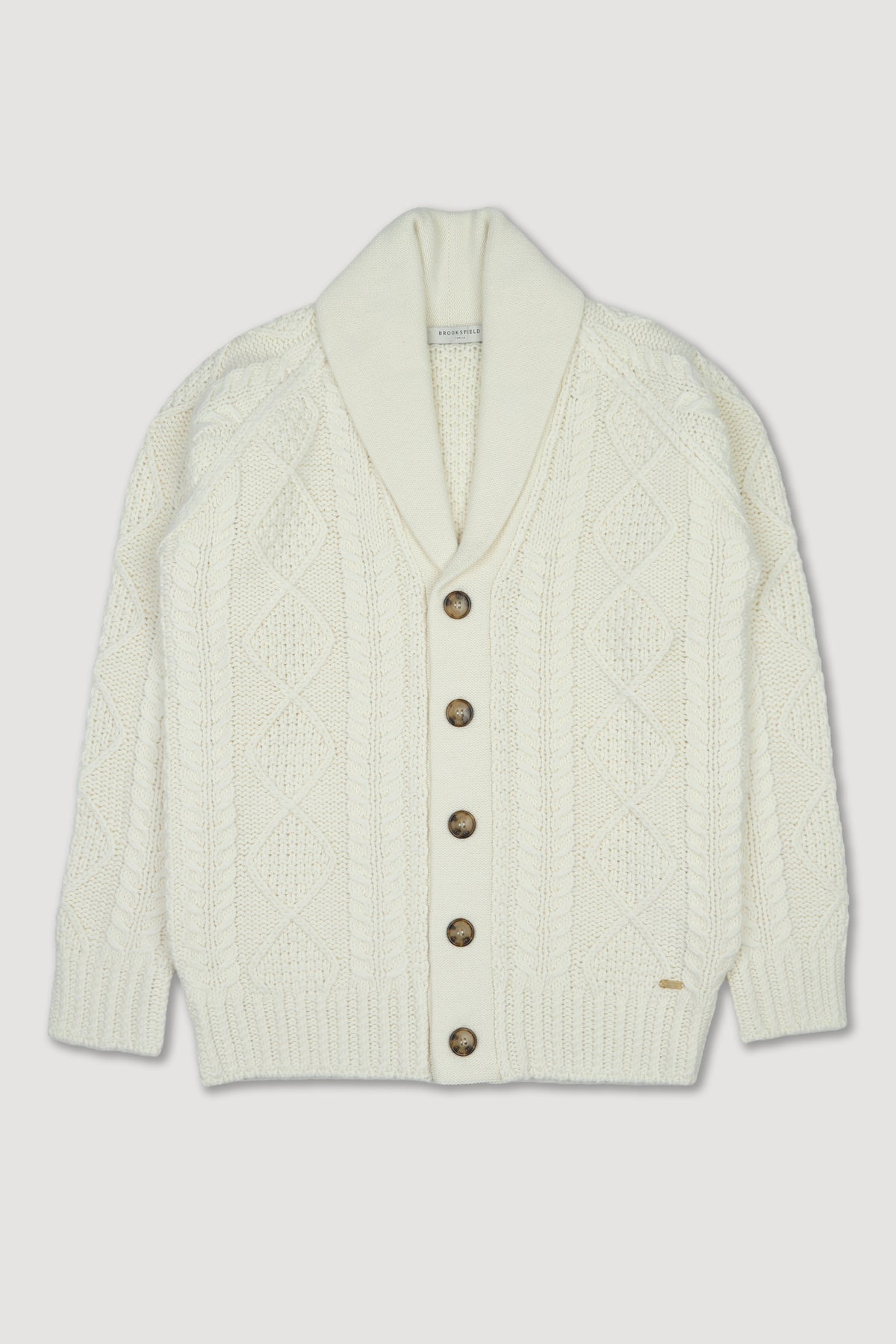 Cardigan collo a scialle realizzato in misto lana con motivo a treccia Aran - Panna