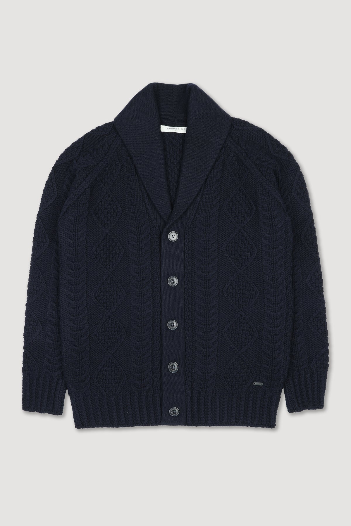 Cardigan collo a scialle realizzato in misto lana con motivo a treccia Aran. Blu - Night blue