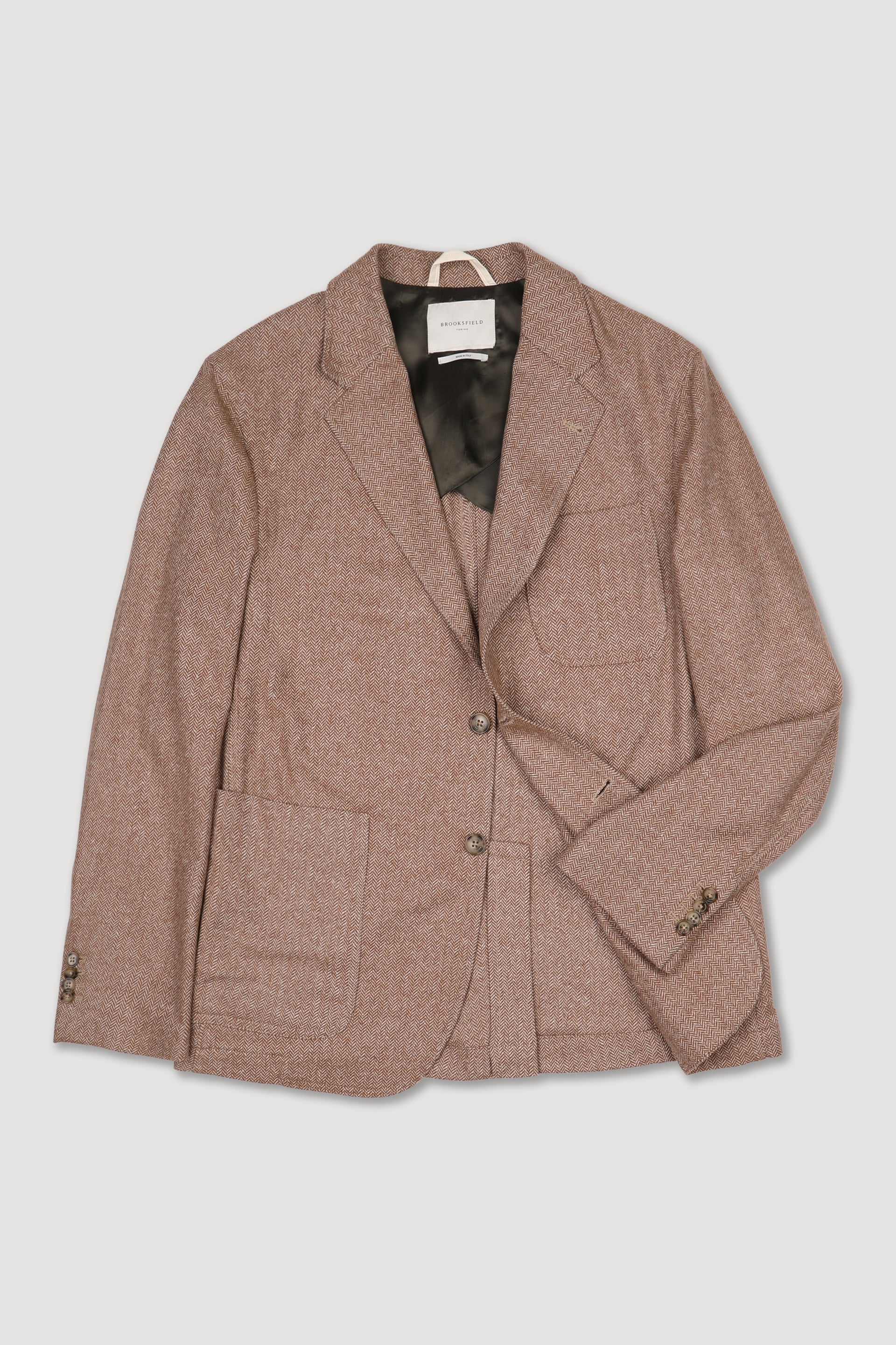 UOMO-BLAZER MONOPETTO ,CORPO SEMIFODERATO,MANICHE FODERATE, IN TESSUTO MISTO LANA/SETA STRETCH FANTASIA - Marrone/beige