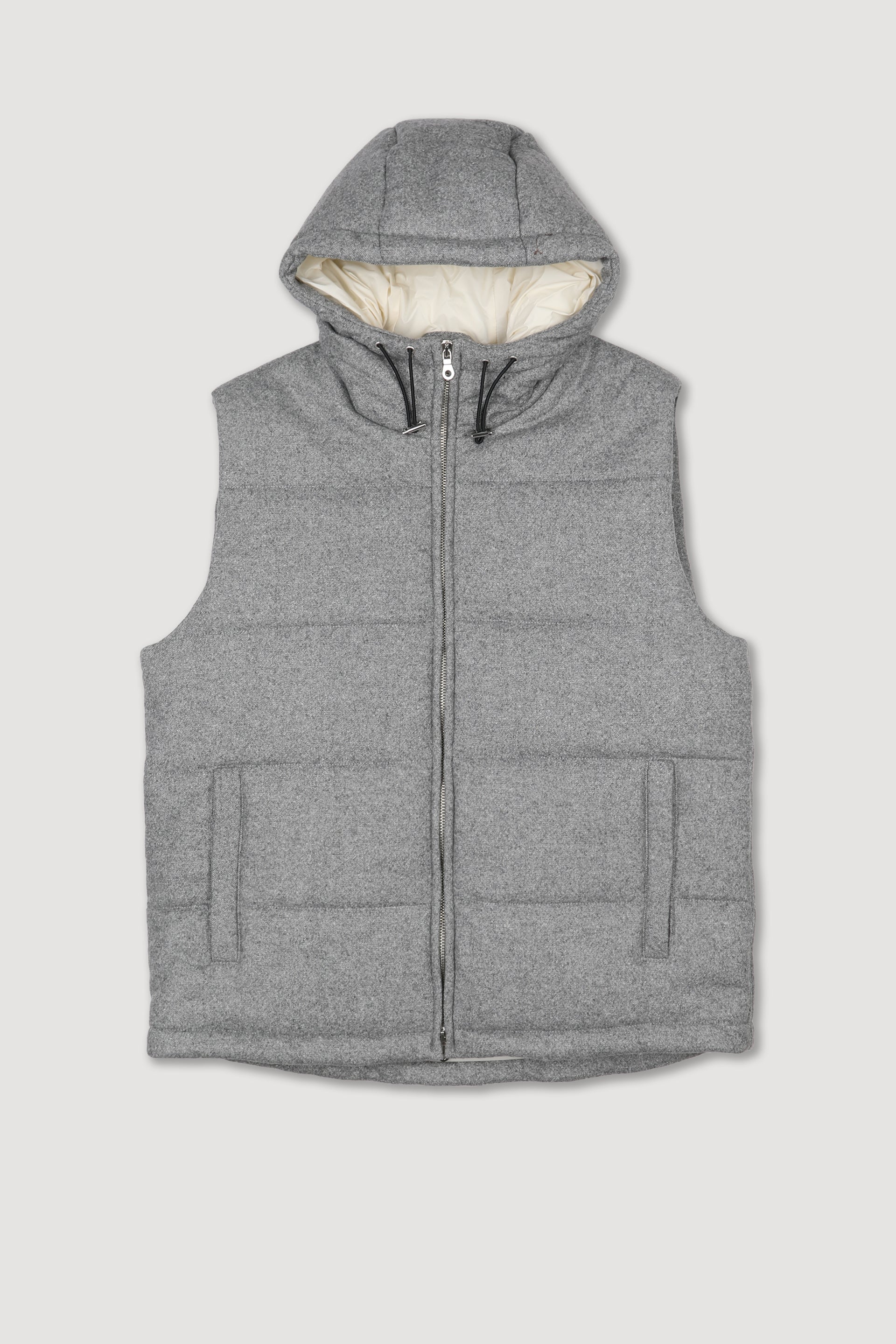 Giubbotto smanicato con cappuccio in tessuto donegal di misto lana-seta stretch, imbottito - Grigio