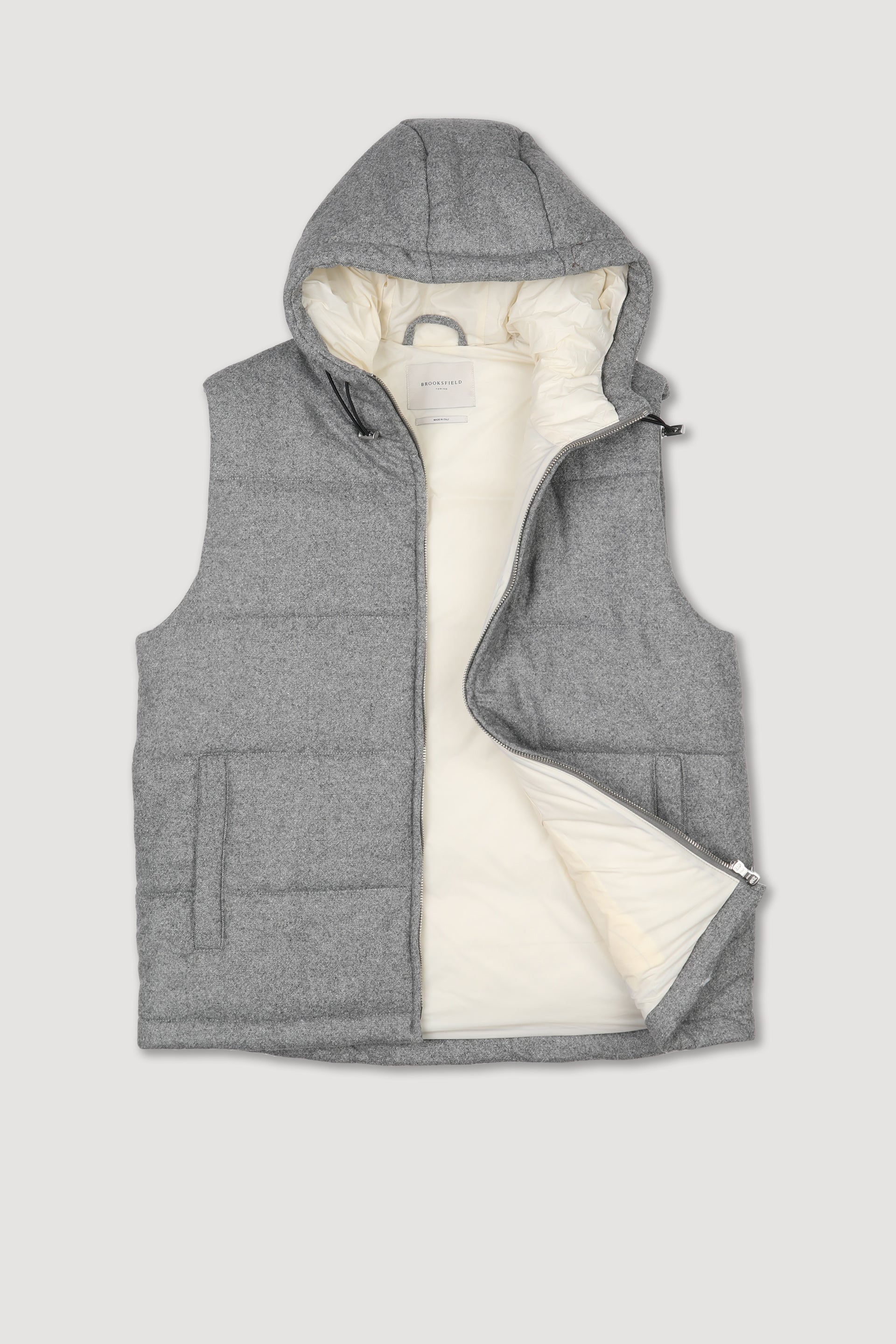 Giubbotto smanicato con cappuccio in tessuto donegal di misto lana-seta stretch, imbottito - Grigio