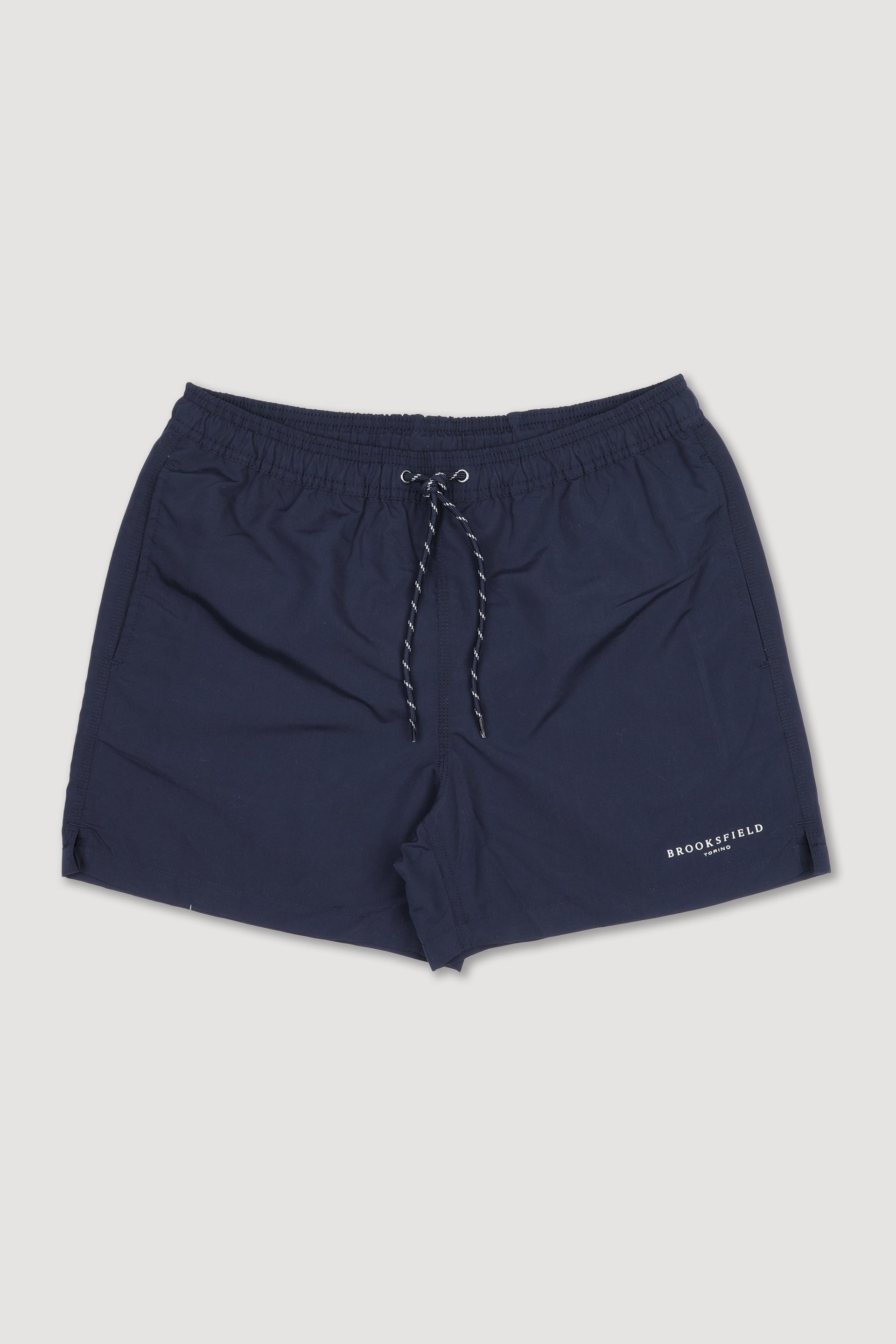 UOMO-BOXER MARE IN MICROFIBRA TINTA UNITA, TASCHE LATERALI, TASCHINO CON ALETTA APPLICATO DIETRO, ELASTICO E COULISSE IN VITA, STAMPA MARCHIO SU GAMBA - Navy