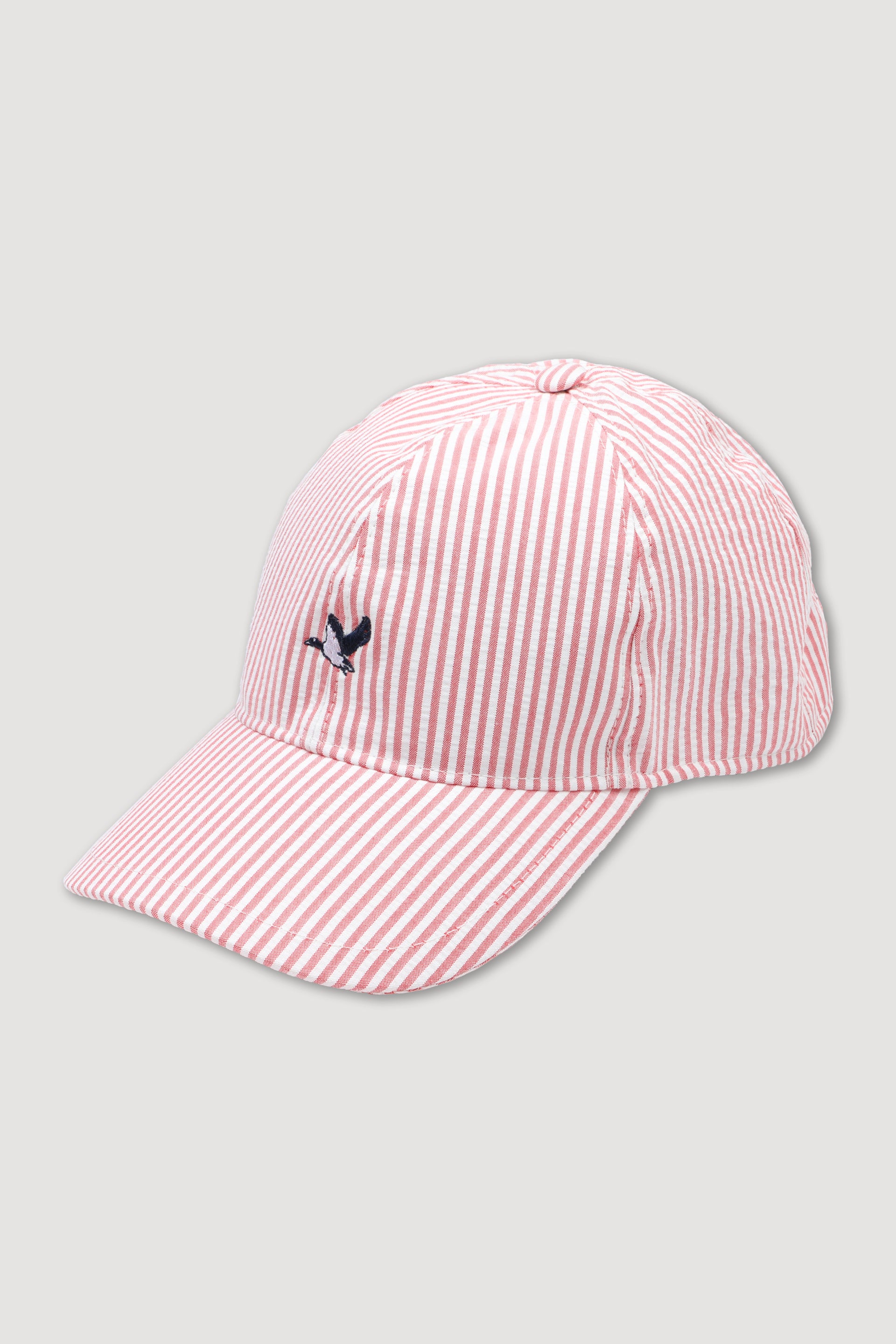 UOMO-CAPPELLO BASEBALL IN TESSUTO SEERSUCKER DI COTONE FANTASIA RIGA VERTICALE. RICAMO GERMANO E SCRITTA BROOKSFIELD - Latte/corallo