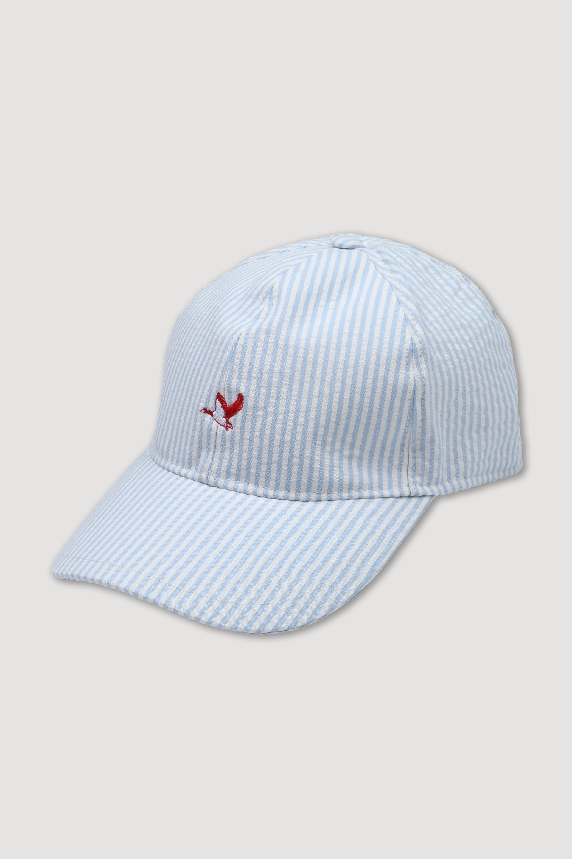 UOMO-CAPPELLO BASEBALL IN TESSUTO SEERSUCKER DI COTONE FANTASIA RIGA VERTICALE. RICAMO GERMANO E SCRITTA BROOKSFIELD - Latte/celeste