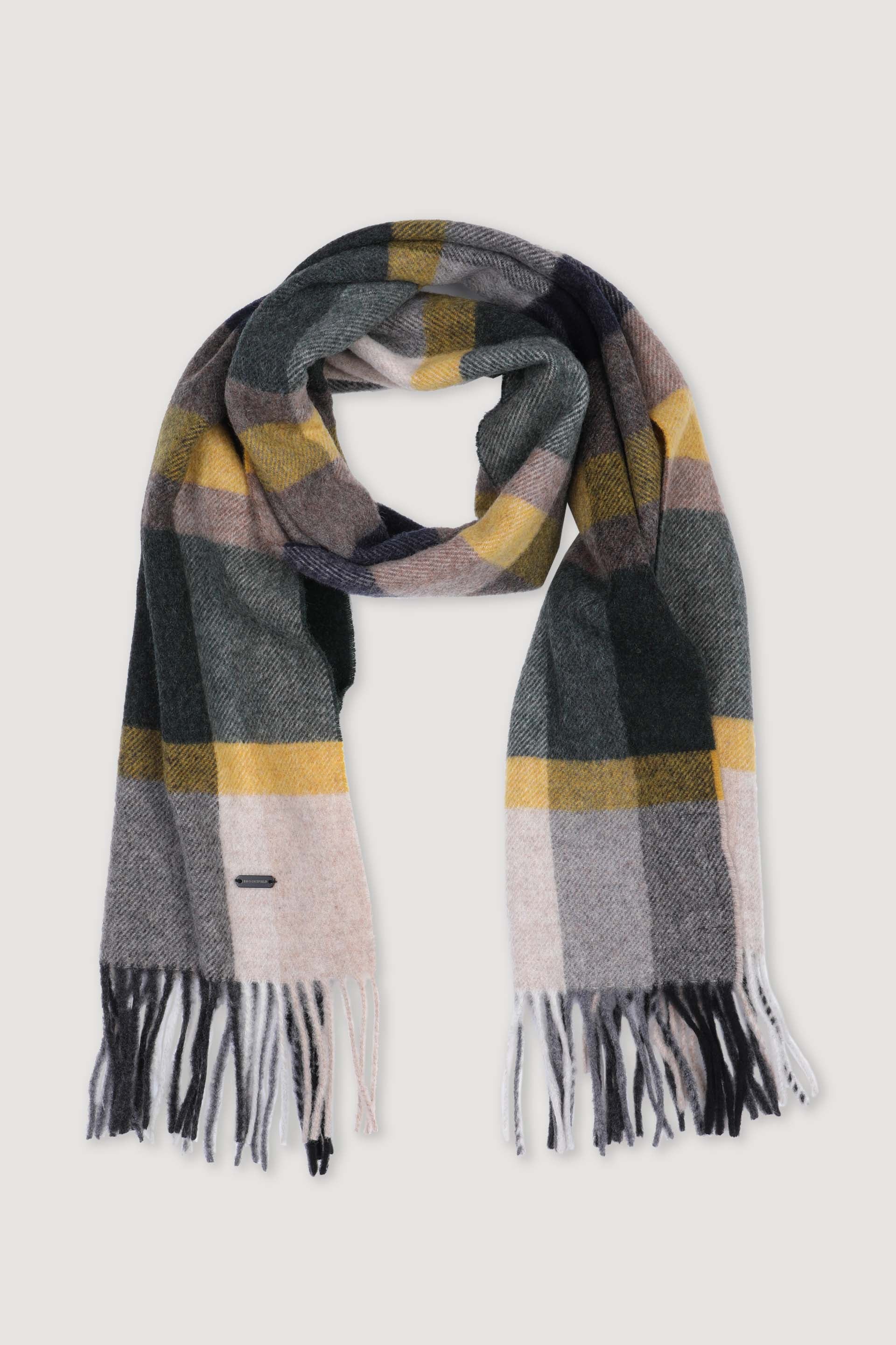 UOMO-SCIARPA CON FRANGE, IN PURA LANA VERGINE FANTASIA CHECK - Verdone/beige/giallo