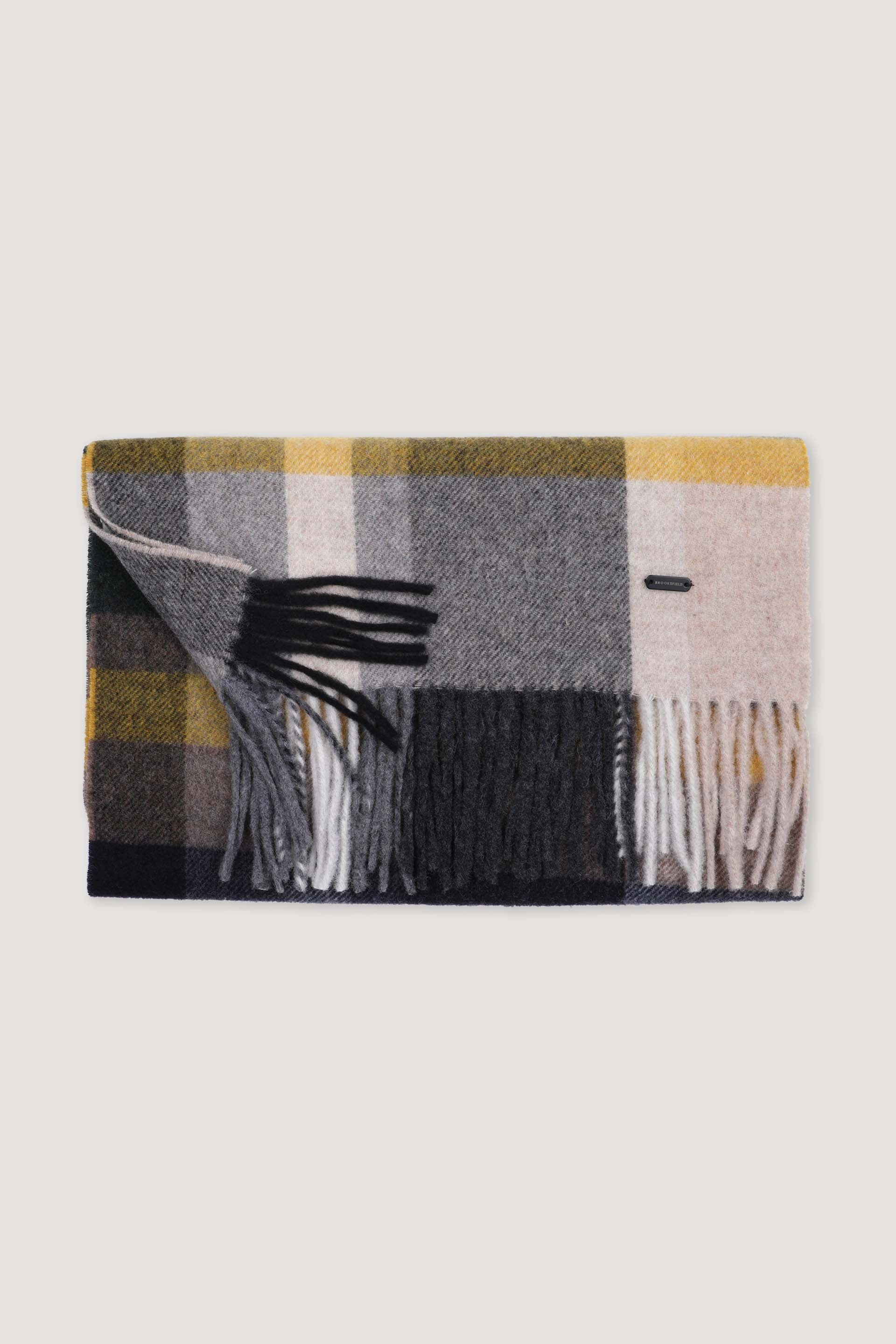 UOMO-SCIARPA CON FRANGE, IN PURA LANA VERGINE FANTASIA CHECK - Verdone/beige/giallo