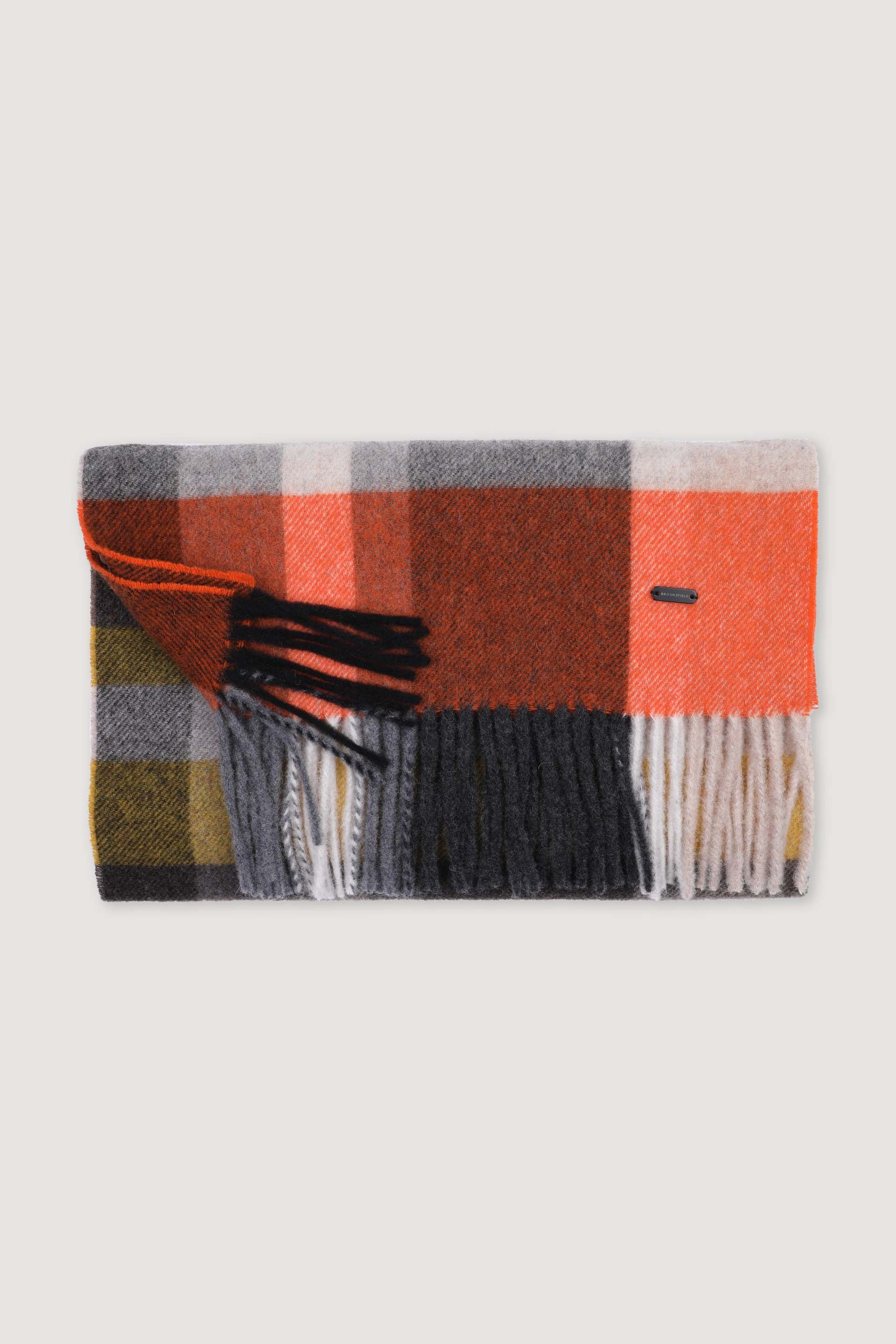 UOMO-SCIARPA CON FRANGE, IN PURA LANA VERGINE FANTASIA CHECK - Marrone/beige/arancio