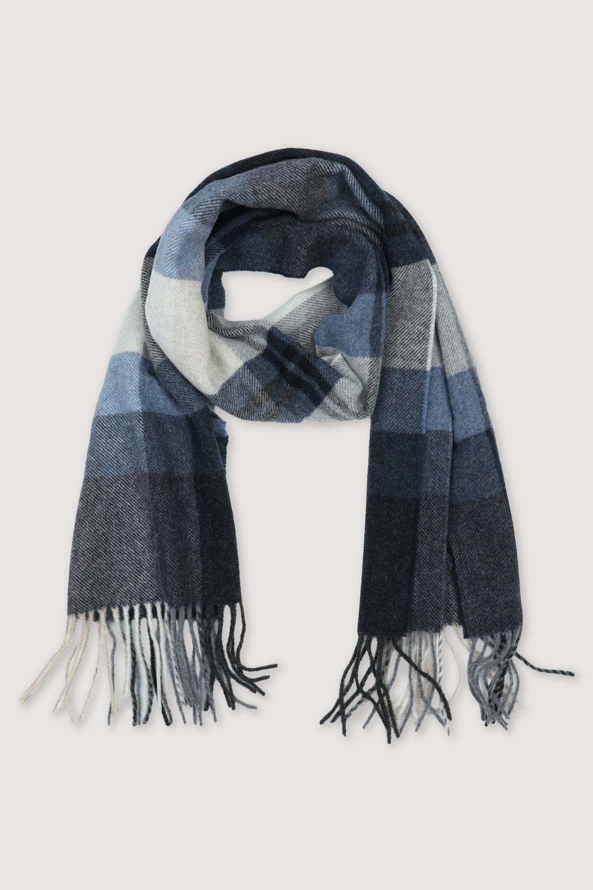 Sciarpa con frange in pura lana vergine, fantasia maxi check - Blu/Avio