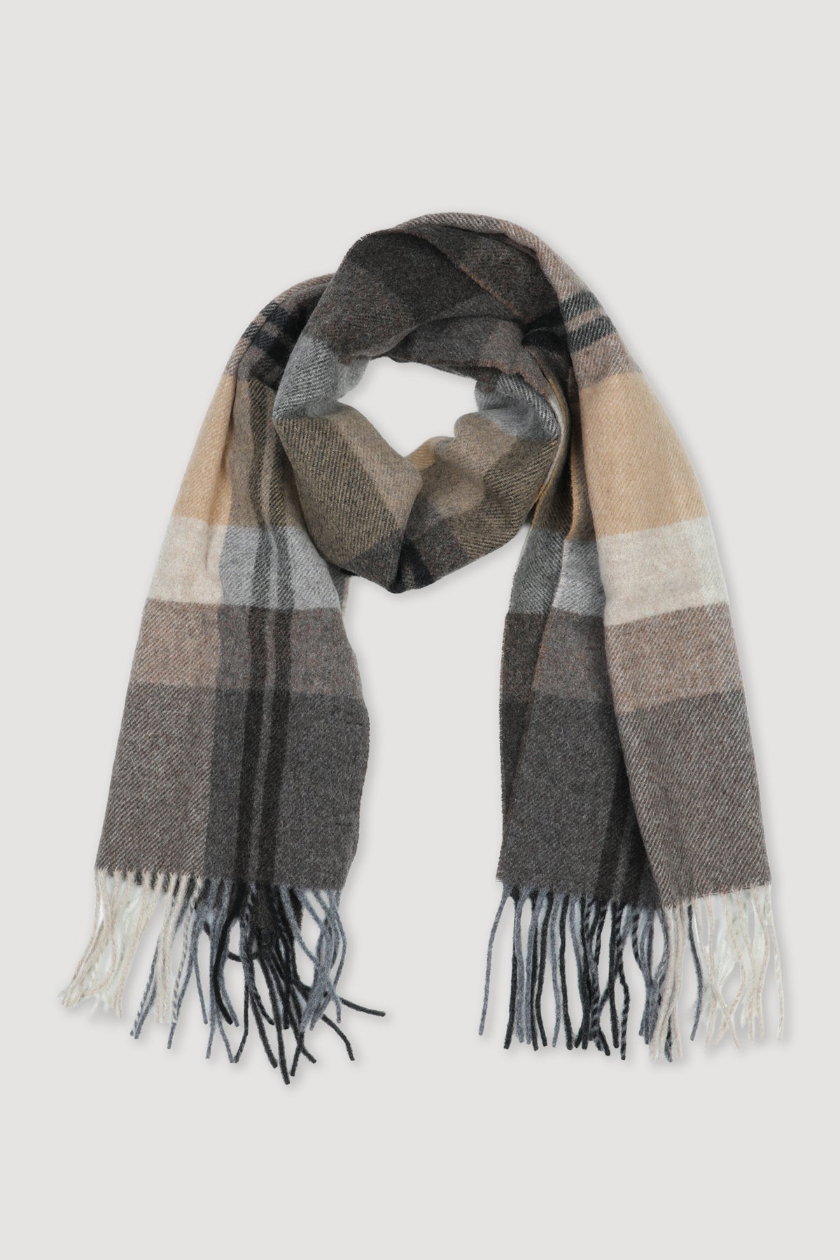 Sciarpa con frange in pura lana vergine, fantasia maxi check. Marrone - Testa di moro/Nocciola